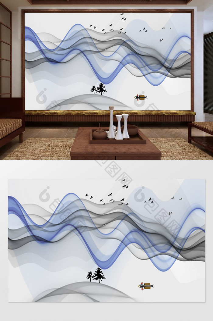 新中式抽象水墨山水飞鸟背景墙定制
