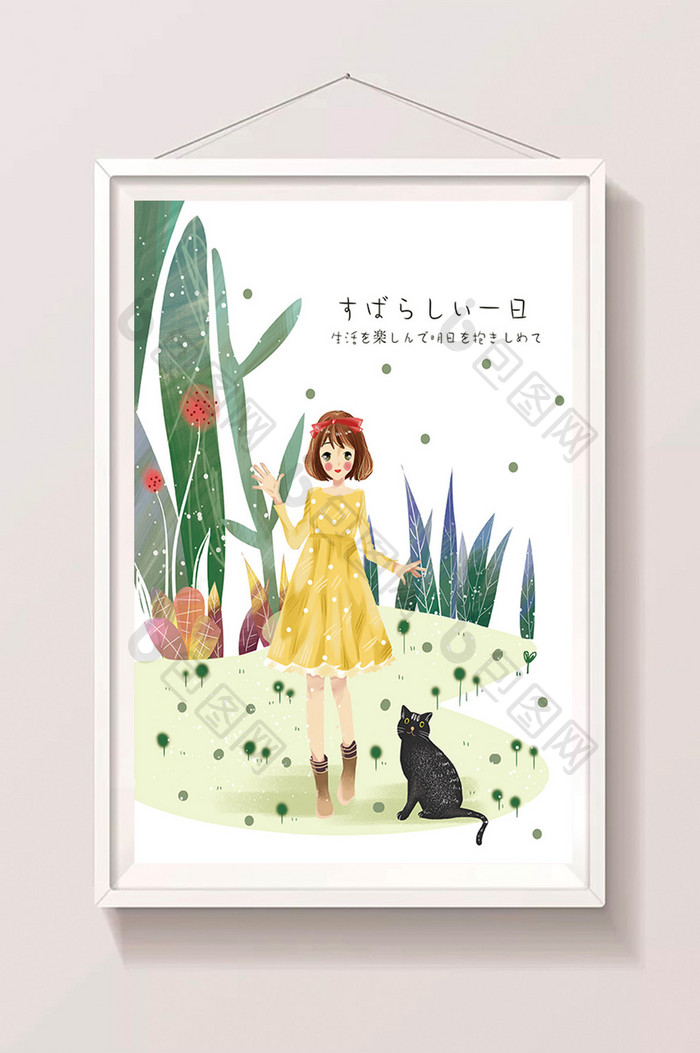 清新唯美女孩猫游玩手绘插画