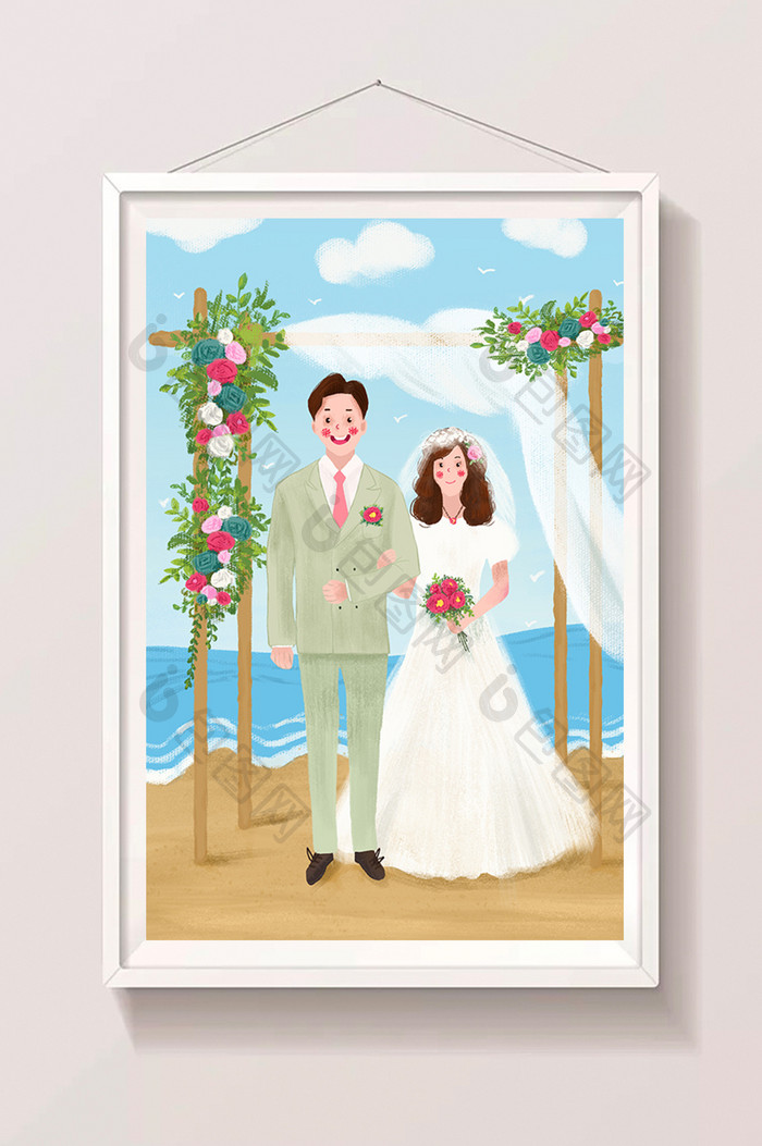 小清新七夕海边婚礼手绘插画