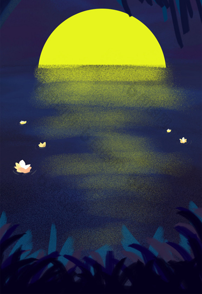 水上月亮插画图片