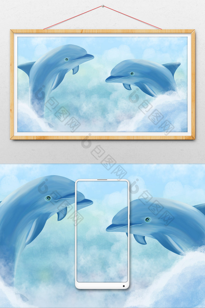 海报背景插画海豚图片