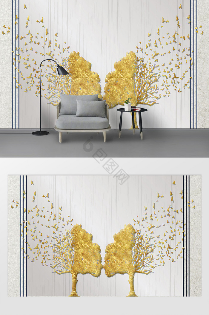 现代简约创意浮雕金色树木飞鸟背景墙图片