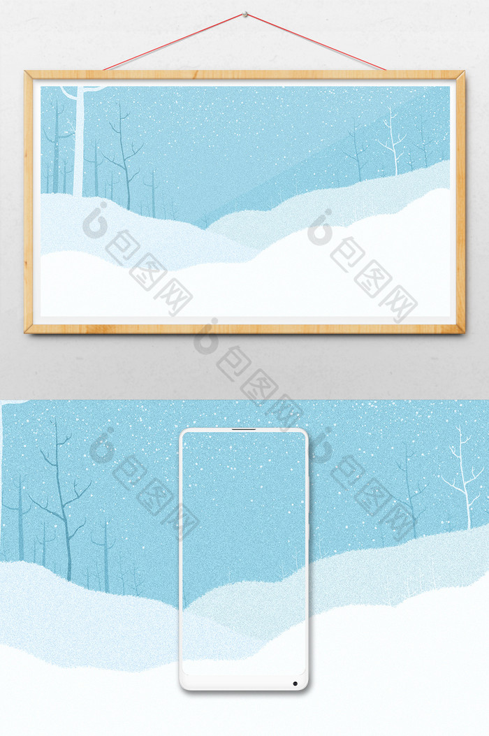 蓝色调浪漫唯美淡雅意境雪地树木背景