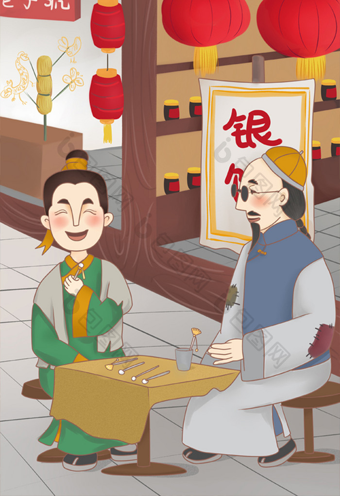 可爱卡通中国古典古代民风古装人物手绘插画