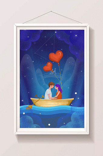 蓝色温馨浪漫情侣在星空下划船插画图片