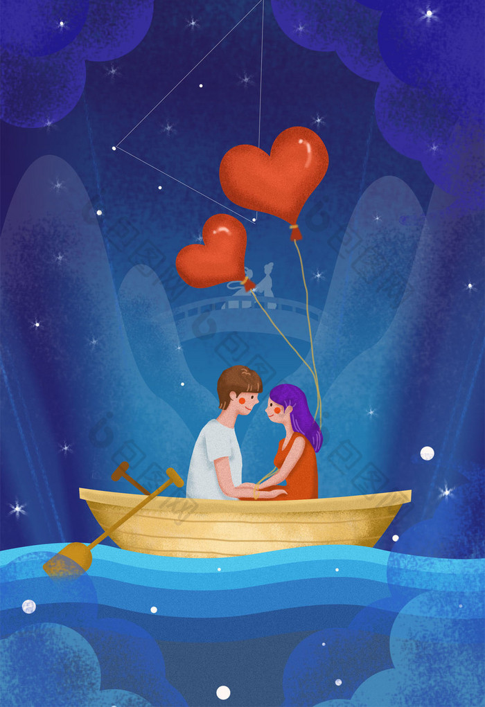 蓝色温馨浪漫情侣在星空下划船插画