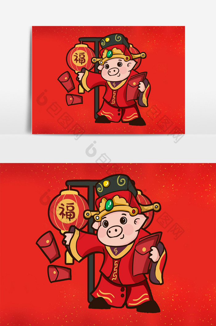 猪年大吉2019红色喜庆原创卡通猪财神