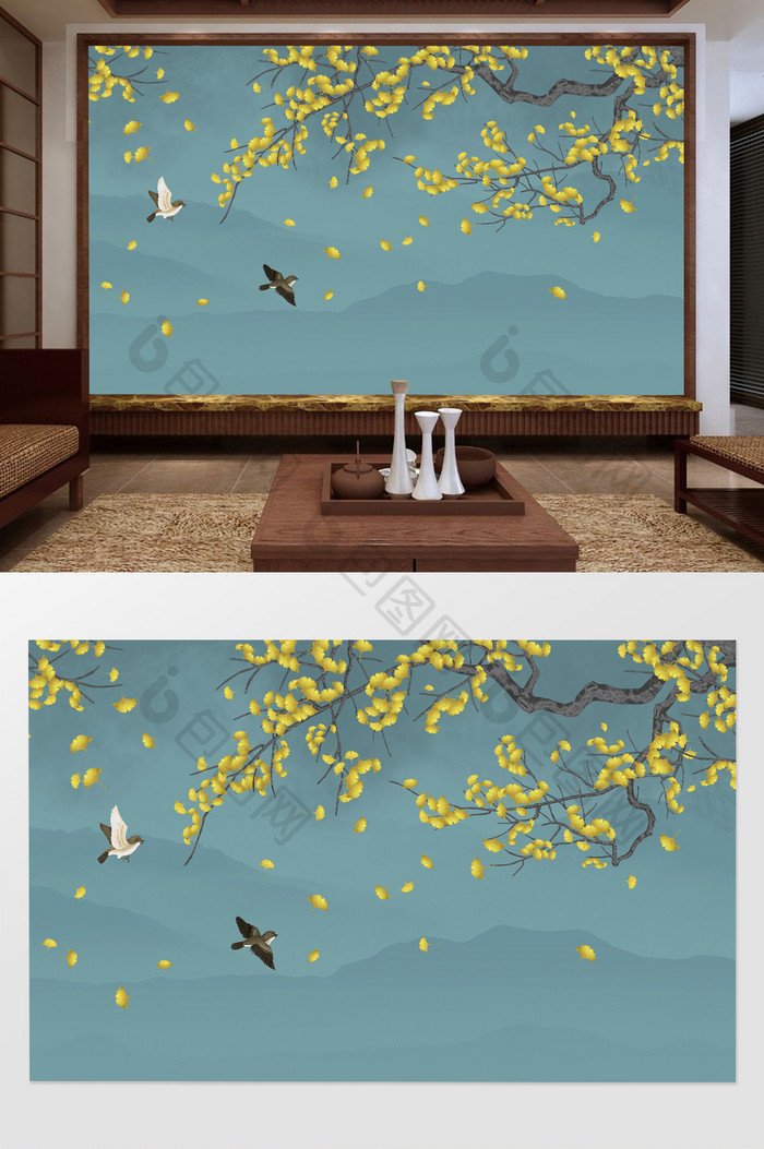 新中式手绘枫叶树枝鸟软装电视机背景墙