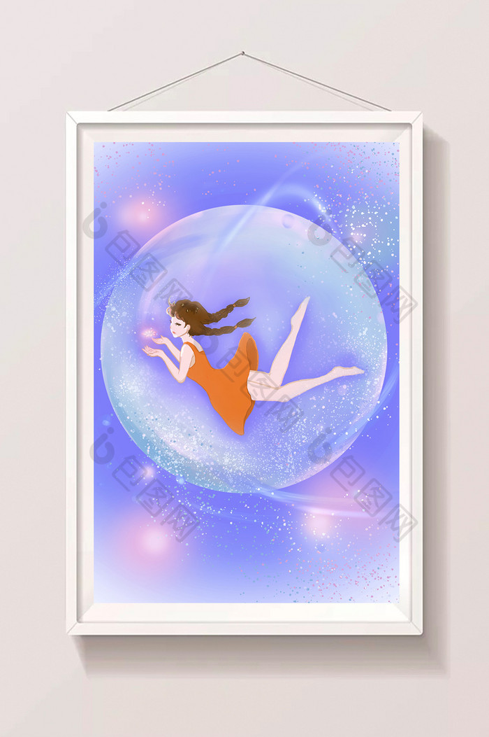 梦幻唯美女孩漂浮水晶球中插画