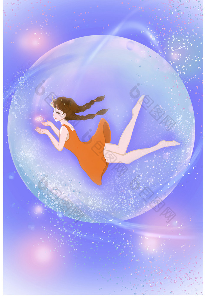 梦幻唯美女孩漂浮水晶球中插画