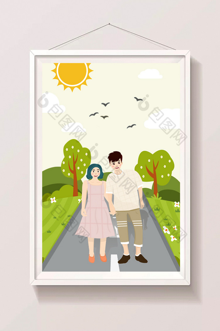 郊外风景情侣牵手散步路上七夕情人节插画图片