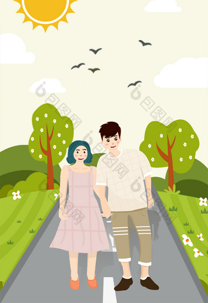 郊外风景情侣牵手散步路上七夕情人节插画图片