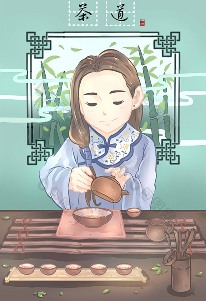 绿色清新优雅卡通中国传统文化茶道插画