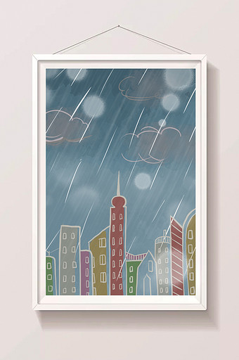 唯美简洁清新手绘下雨天插画背景元素图片