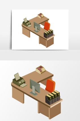 手绘卡通扁平L型办公桌元素