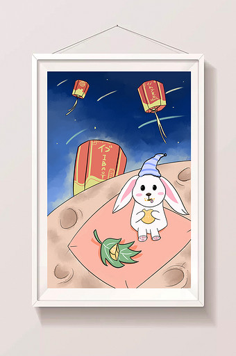 中秋节小兔子吃月饼可爱插画图片