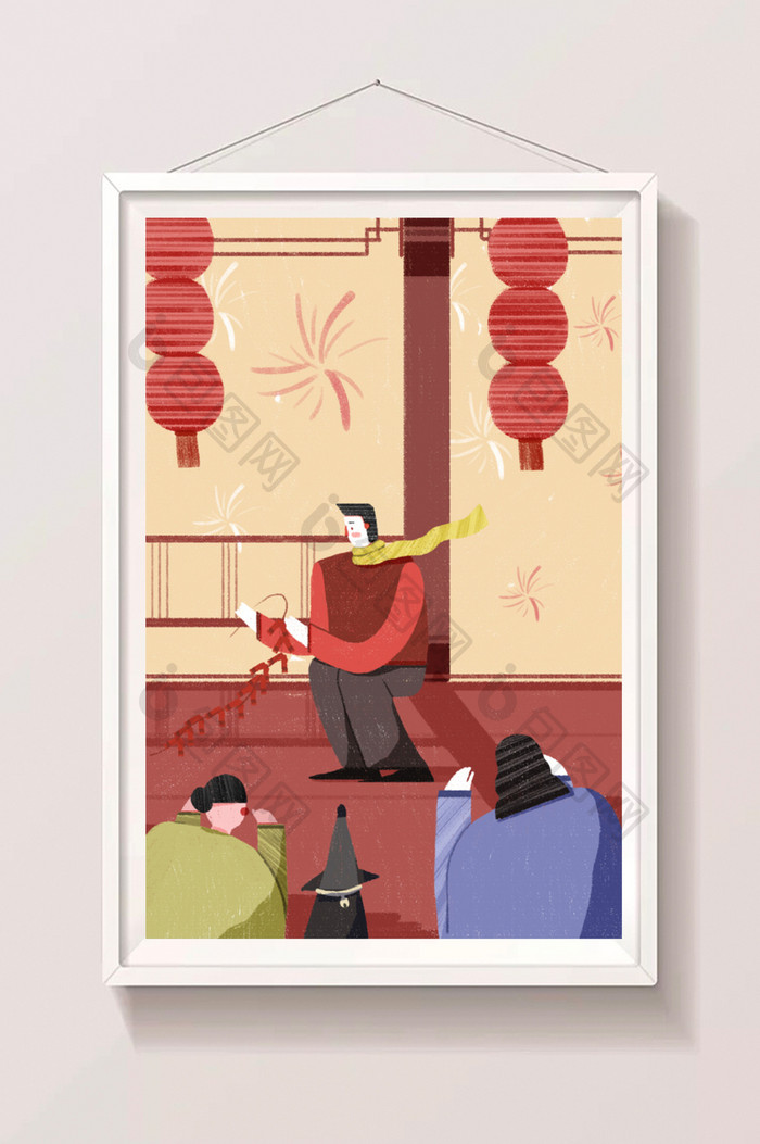 红色中国传统文化放鞭炮喜庆习俗插画
