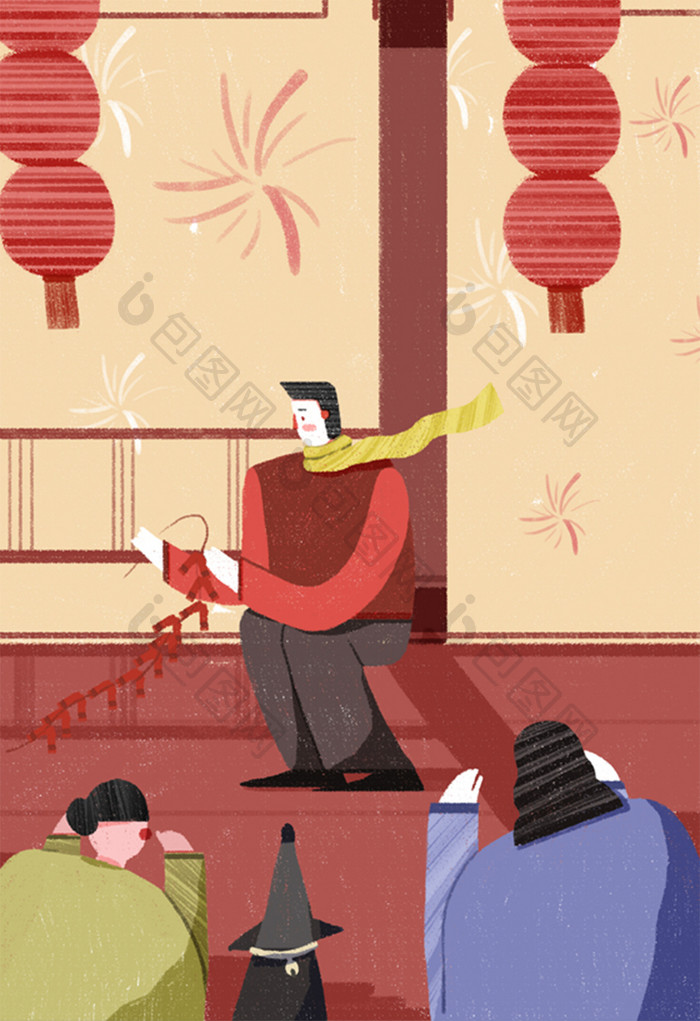 红色中国传统文化放鞭炮喜庆习俗插画