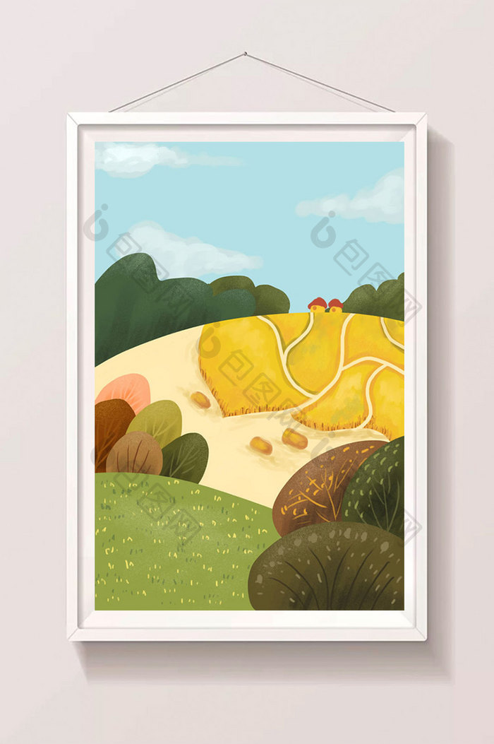 黄色麦田丰收海报设计模板背景手绘素材插画