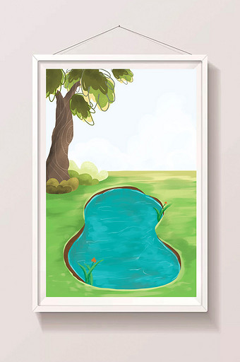 清新卡通池塘绘本海报设计背景插画图片