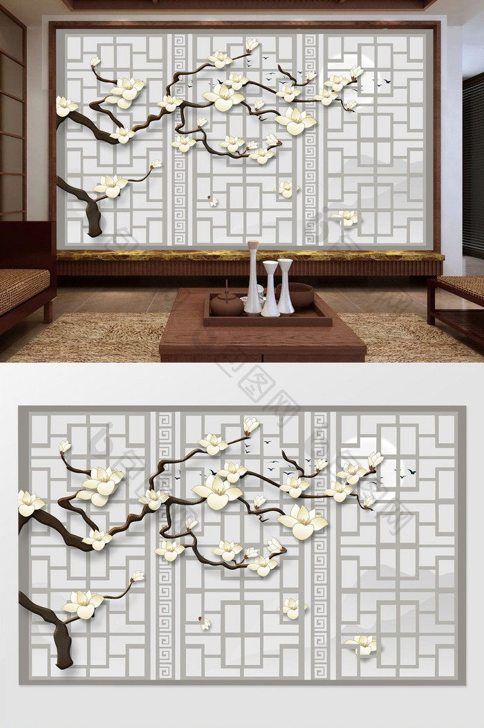 中式意境古典玉兰花枝时尚雕花门软包背景墙