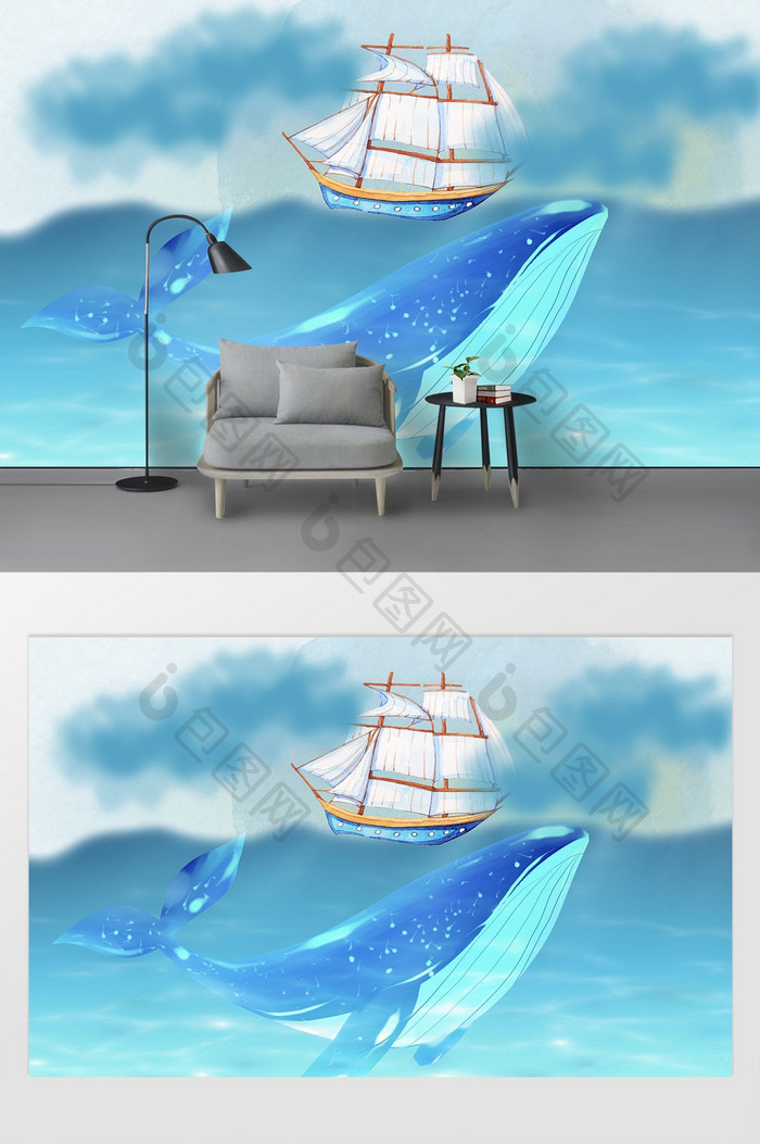 现代手绘大海鲸鱼油画背景装饰画