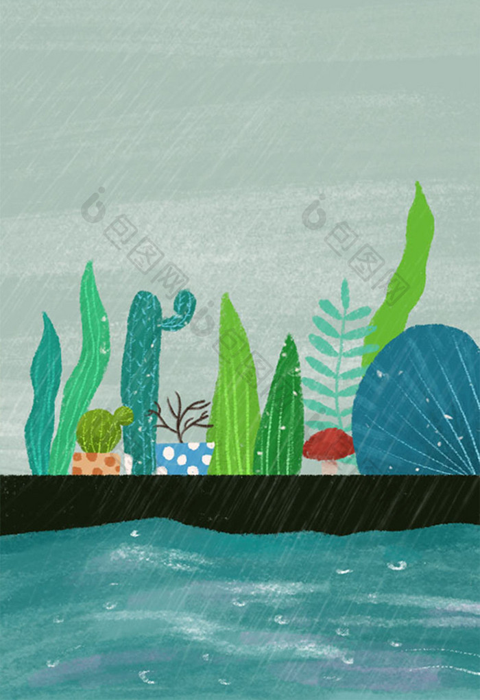 下雨天小河背景插画