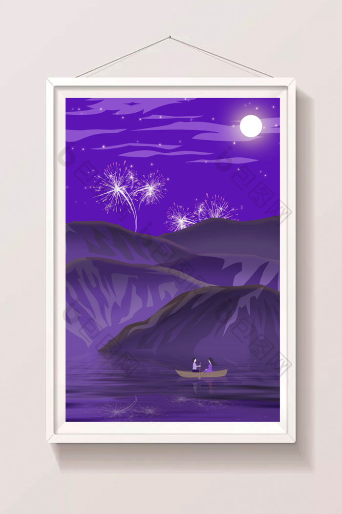 紫色浪漫唯美七夕月夜下游湖恋人 图片下载 包图网