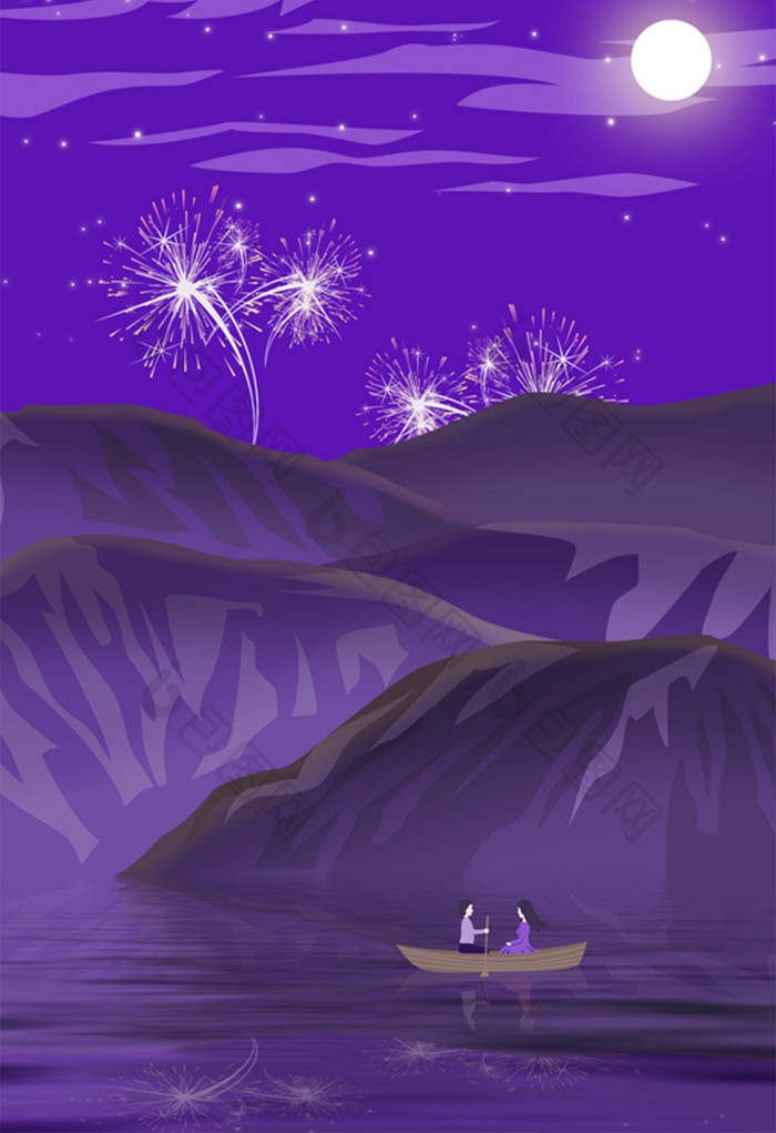 紫色浪漫唯美七夕月夜下游湖的恋人
