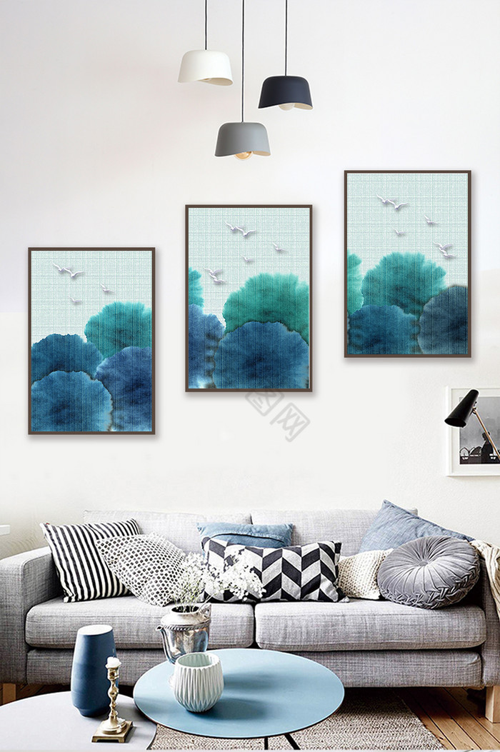新中式蓝色水墨立体鸟客厅装饰画图片
