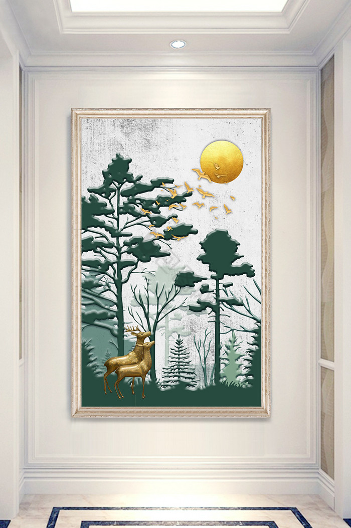 现代北欧简约飞鸟森林玄关装饰画图片