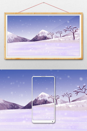 冷色系冬天唯美雪山手绘插画背景