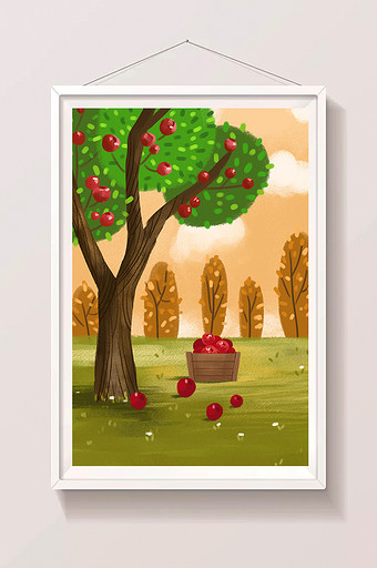 秋天苹果成熟手绘插画背景图片