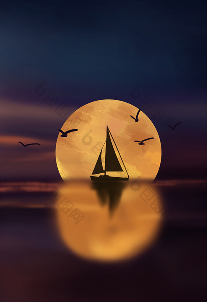 治愈系月光下的帆船手绘插画背景
