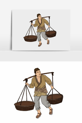 淡彩国画的古代挑担农民