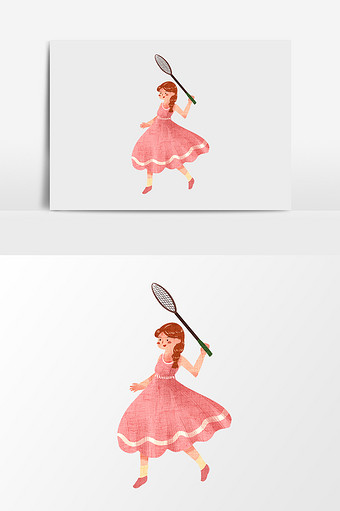 卡通红裙子打羽毛球少女图片
