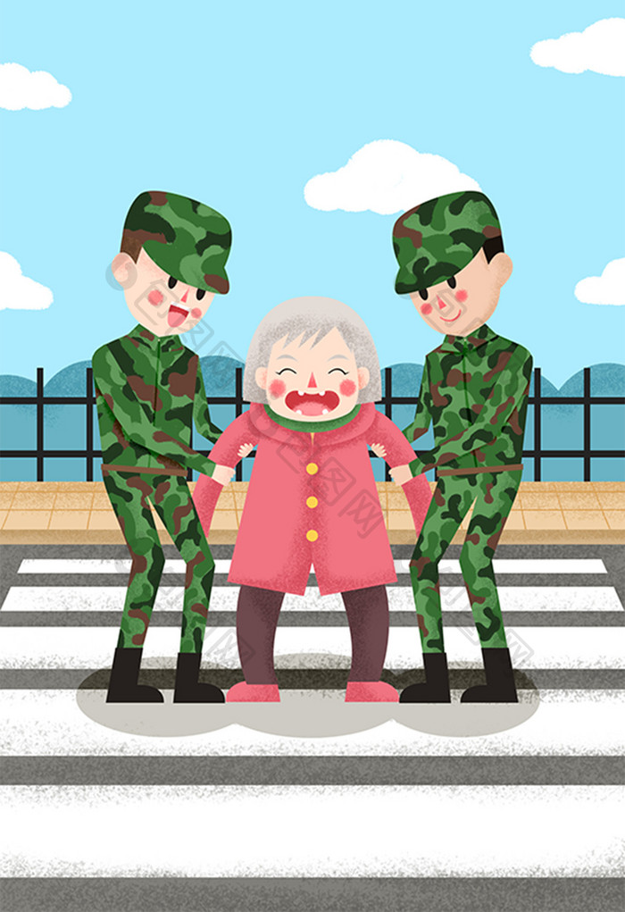 卡通八一建军节帮助老人过马路军人插画