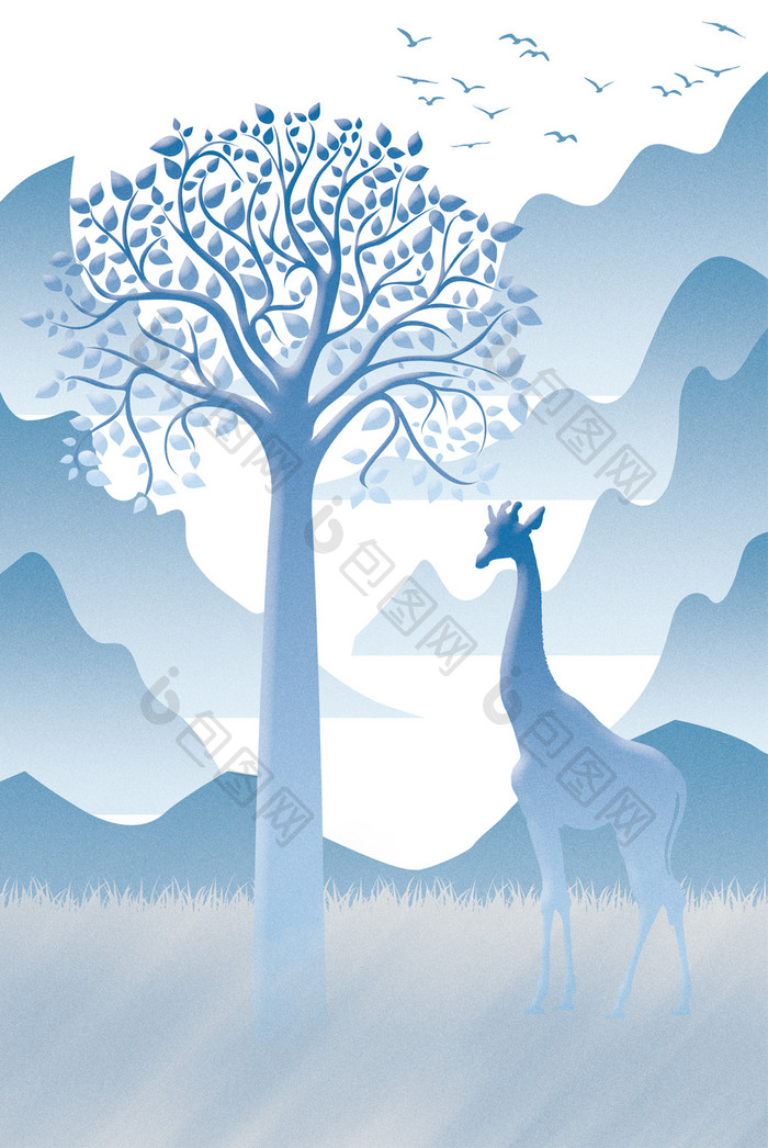 蓝色现代清新发财树北欧动物装饰画