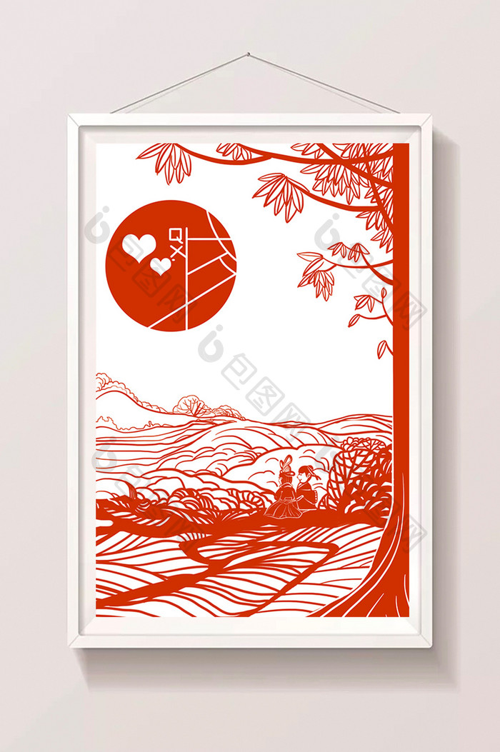 红色剪纸在一起看月亮七夕情人节插画