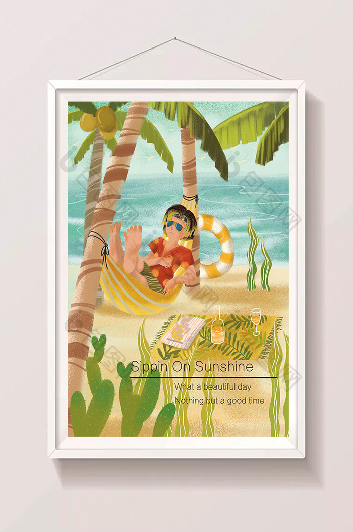 夏威夷海滩椰子树男孩吊床夏日风插画
