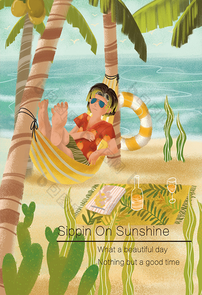 夏威夷海滩椰子树男孩吊床夏日风插画