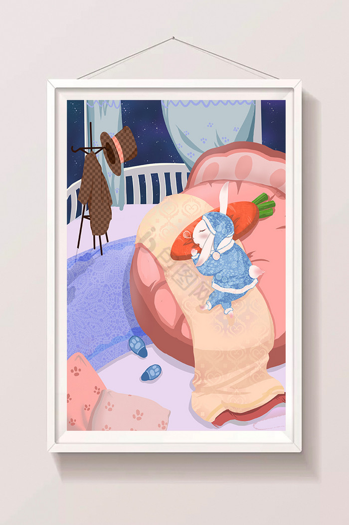 兔子先生卧室胡萝卜枕头插画图片