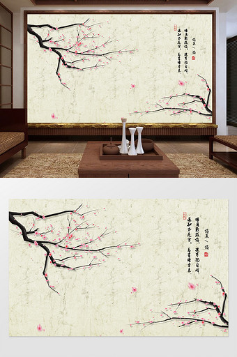 中式树枝梅花背景墙定制图片
