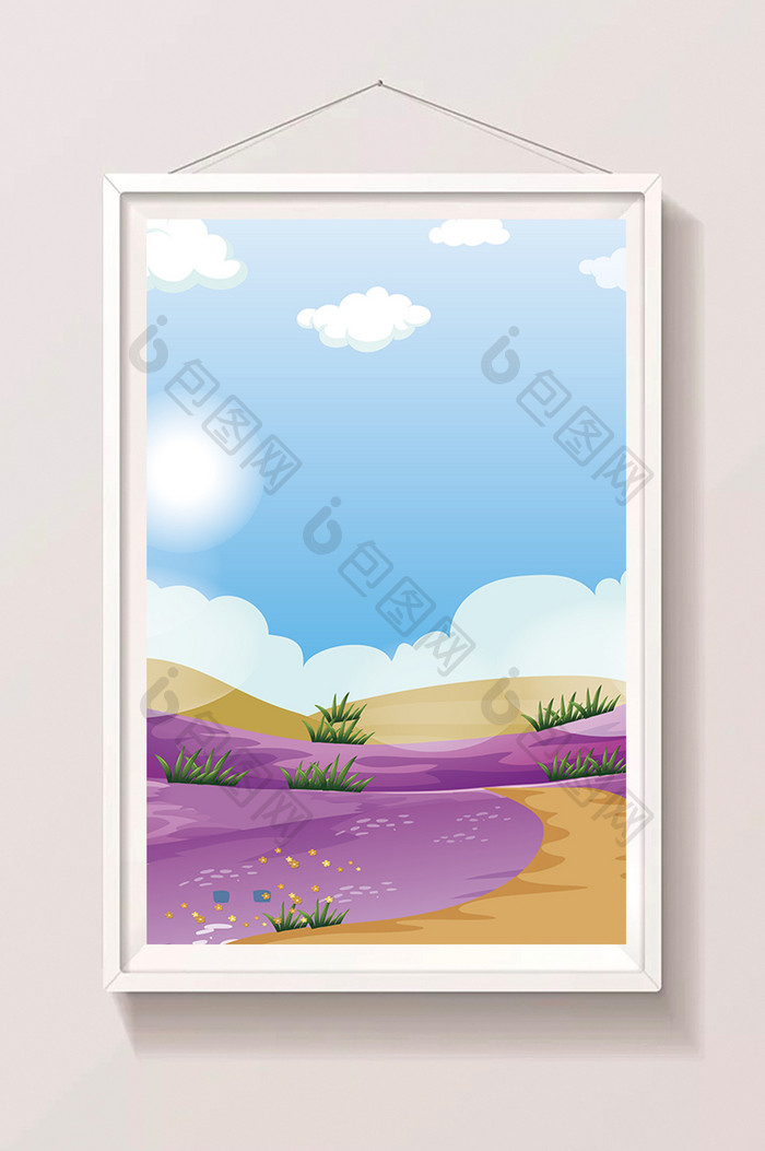 卡通手绘紫色花卉蓝天风景