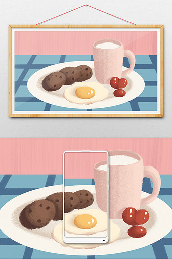 粉色扁平风格早餐背景插画图片
