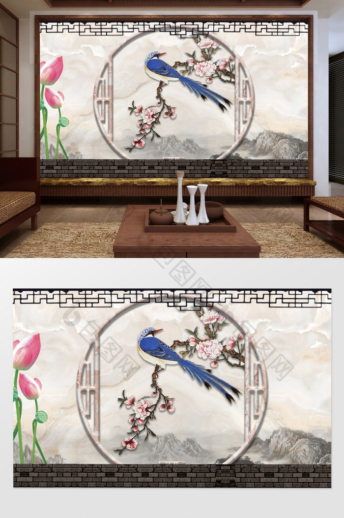 新中式花鸟远山创意背景墙