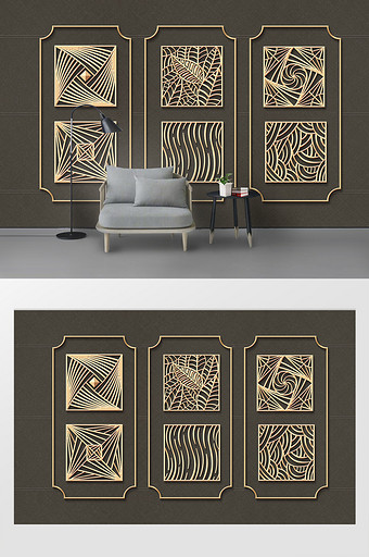 现代简约金色创意抽象几何线条电视背景墙图片