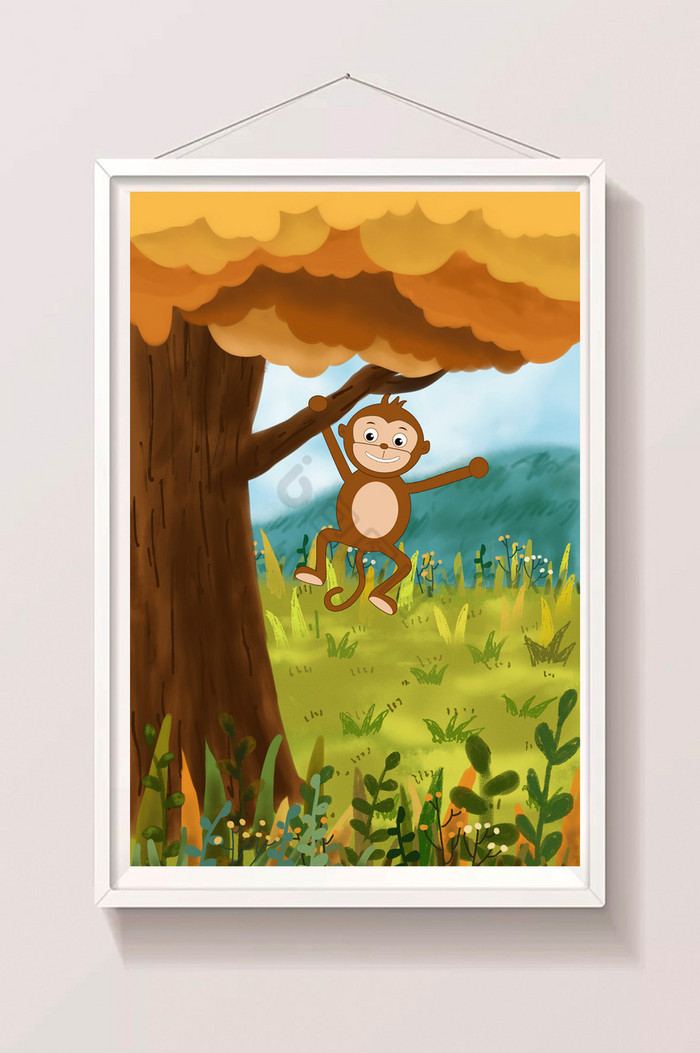 立秋大梧桐树顽皮倒挂猴子玩耍插画