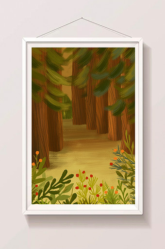 森林里的大树和野花手绘插画背景图片