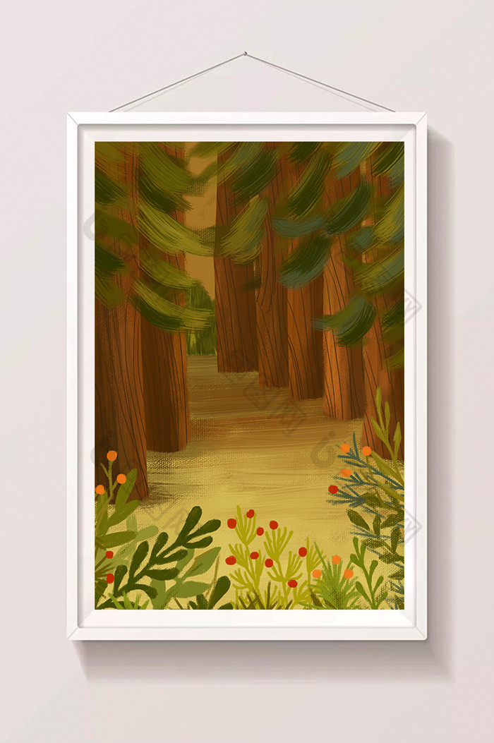 森林里的大树和野花手绘插画背景